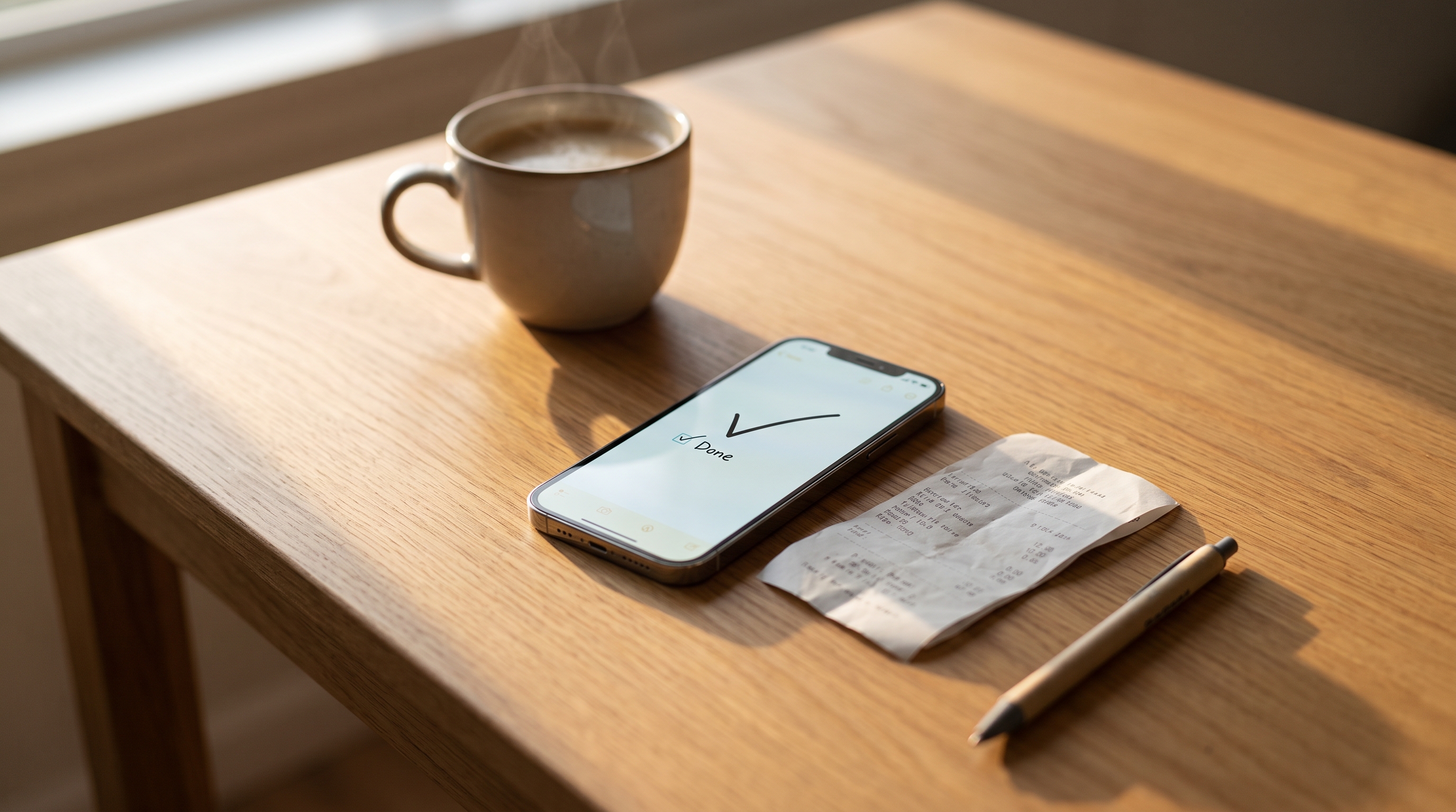 Coffee and a smartphone on a desk showing how to track daily expenses without forgetting.